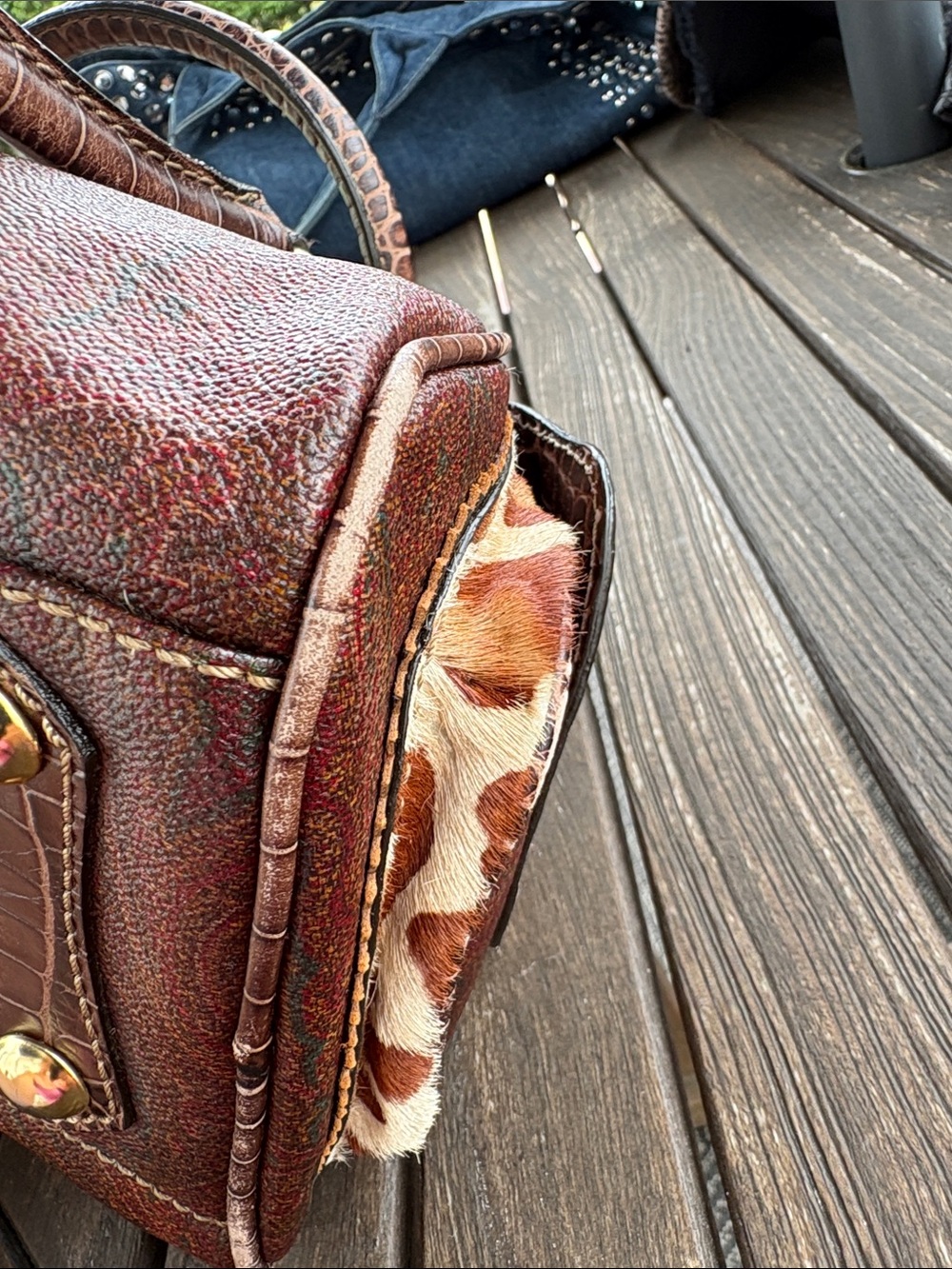 Etro Rare Brown and Cream Animal-Print Satchel with Gold Hardware - Picture 9 of 17